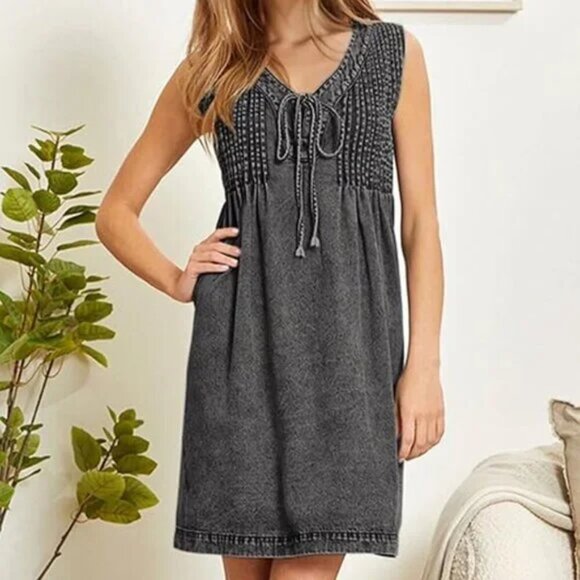 Smocked Drawstring Mini Sleeveless Shift Dress - Picture 3 of 3
